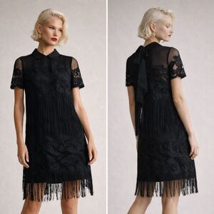 Maeve Anthropologie Black Lace Fringe Shift Dress S Removable Collar Bow Back
